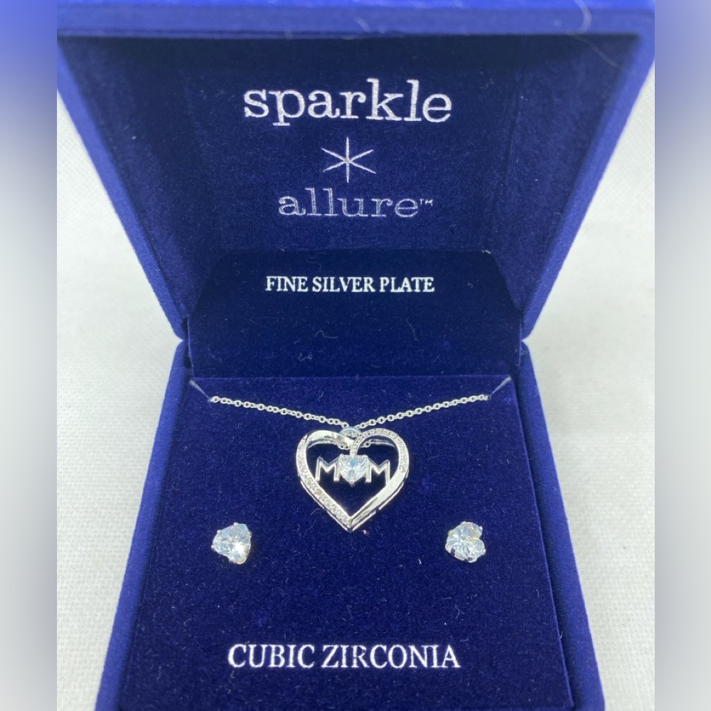 Allure Silver Plate Heart Necklace and Earring Set CZ - Picture 5 of 5